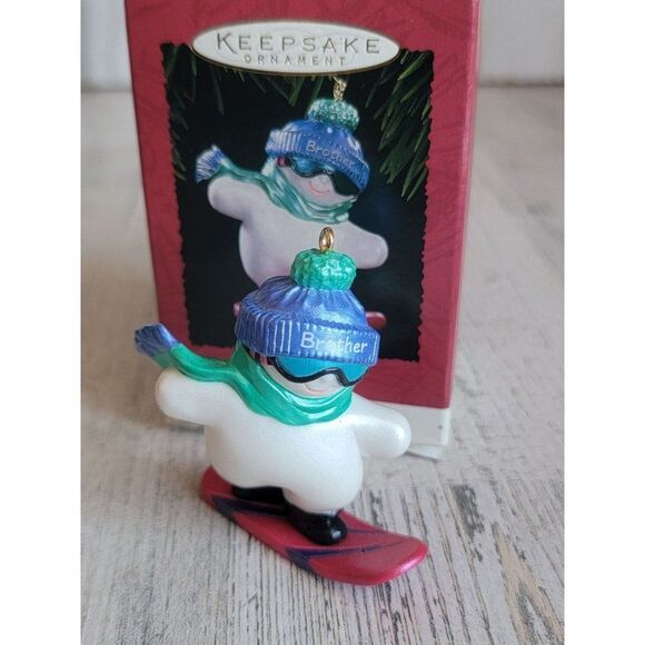 Hallmark 1999 brother snowboarding snowman ornament Xmas - Picture 1 of 5